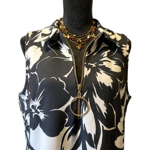 Boston Proper Black & White Floral Sleeveless Zip-Front Dress With Collar - Picture 2 of 6